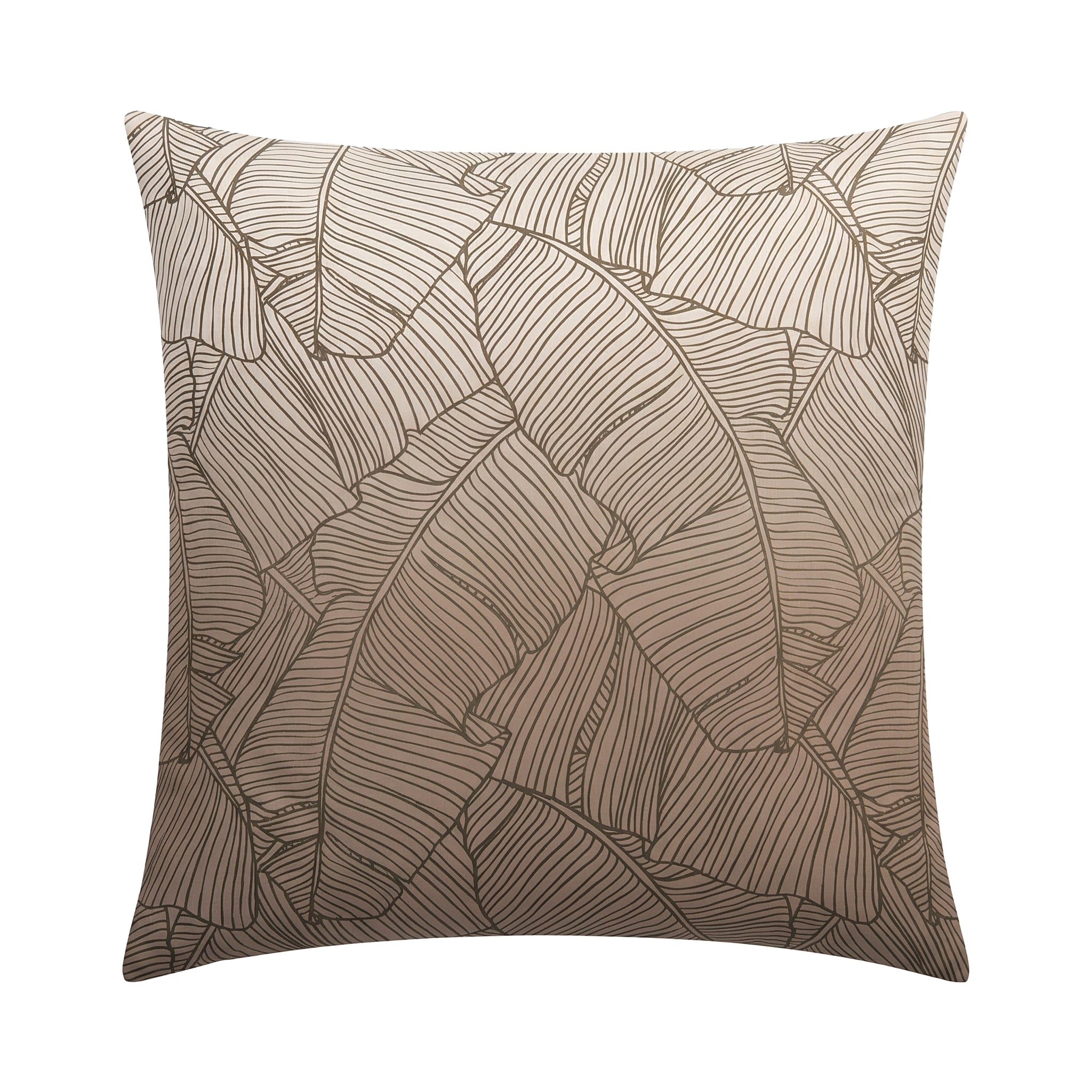 Beigefarbener Kopfkissenbezug mit braunem Blättermuster.