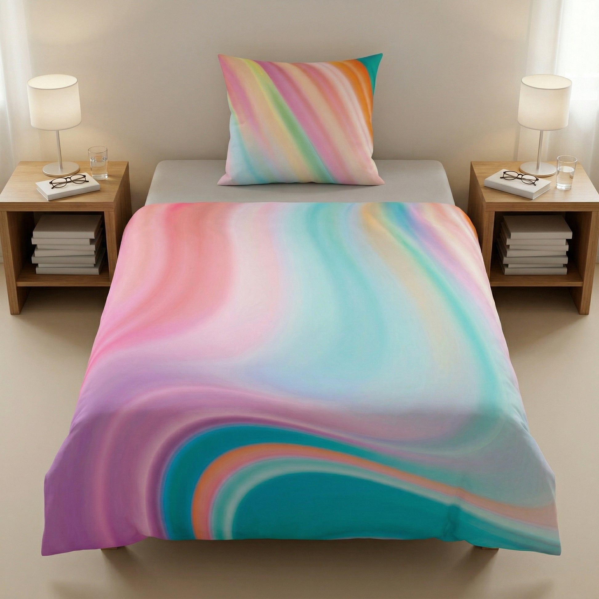 Bettwäsche im Pastellverlauf auf Bett, mit Nachttischen und Lampen.