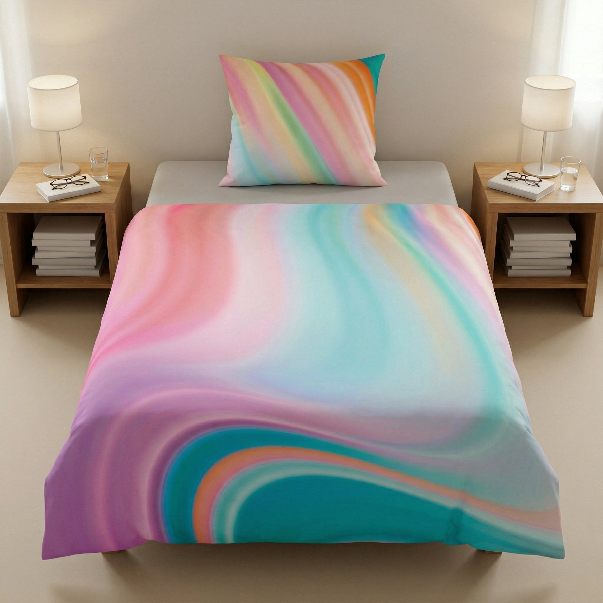 Bettwäsche im Pastellverlauf auf Bett, mit Nachttischen und Lampen.