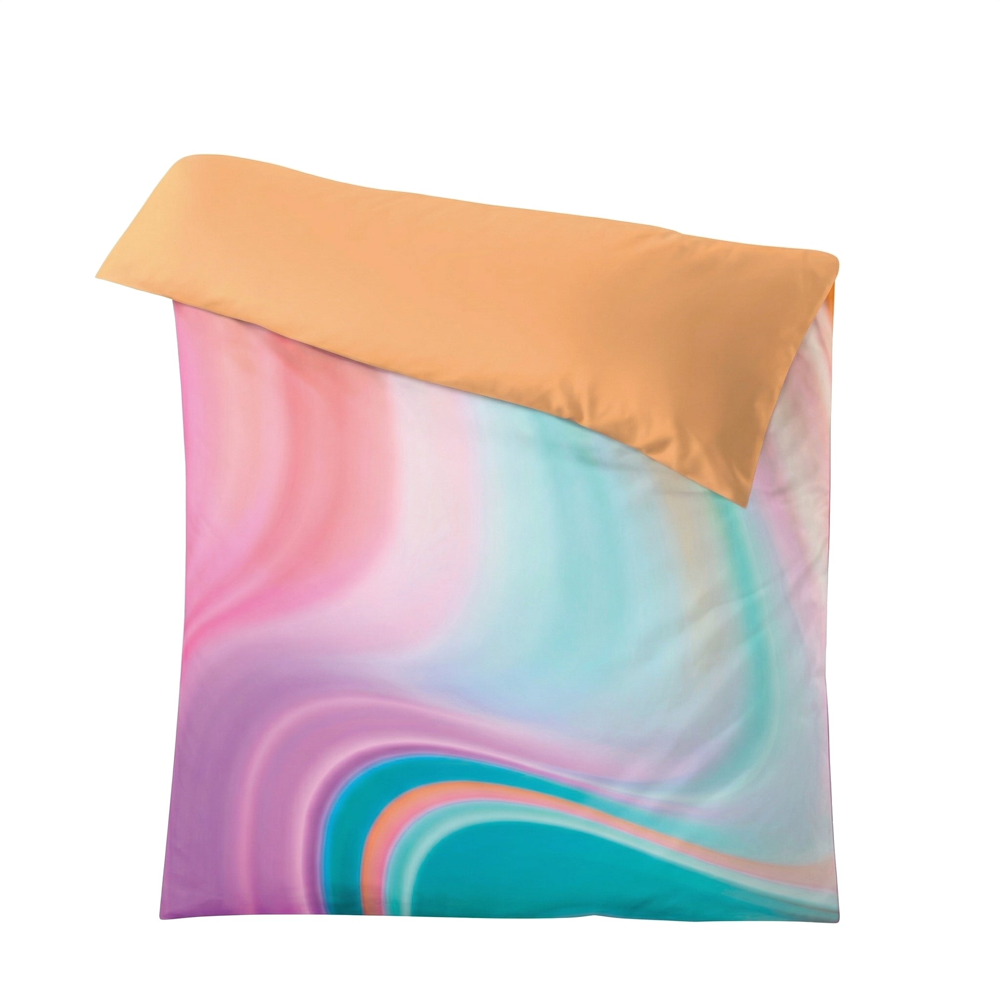 Bettwäsche mit pastelligem Marmoreffekt in Rosa, Türkis und Apricot.