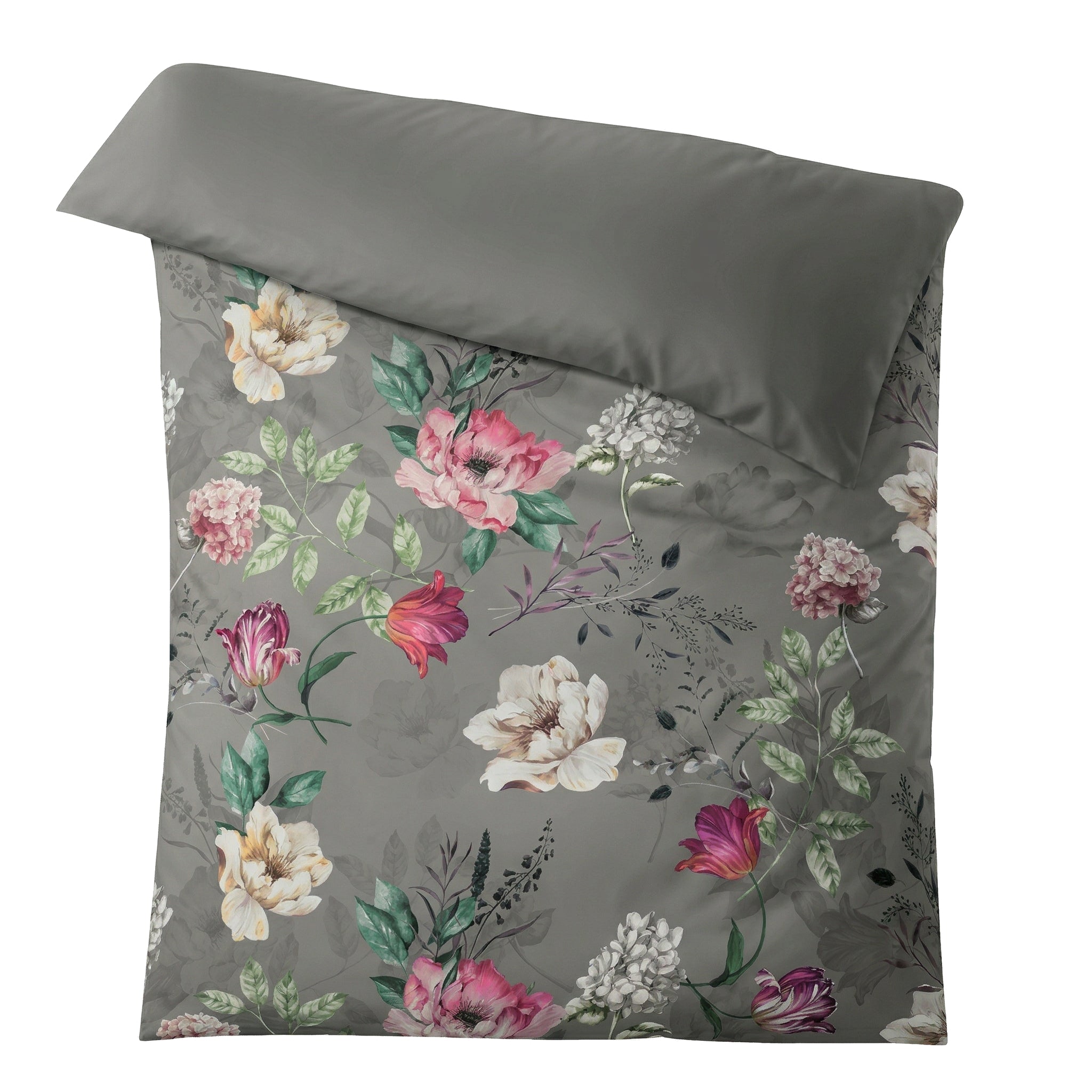 Graue Bettwäsche mit floralem Muster in Rosa, Weiß und Grün.