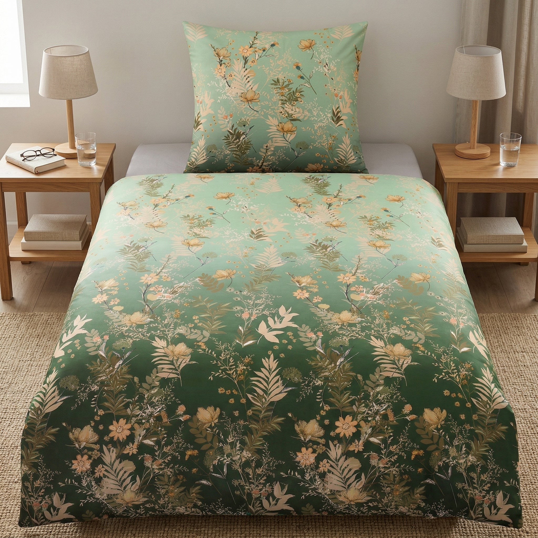 Grün-weiße Bettwäsche mit floralem Muster in modernem Schlafzimmer.