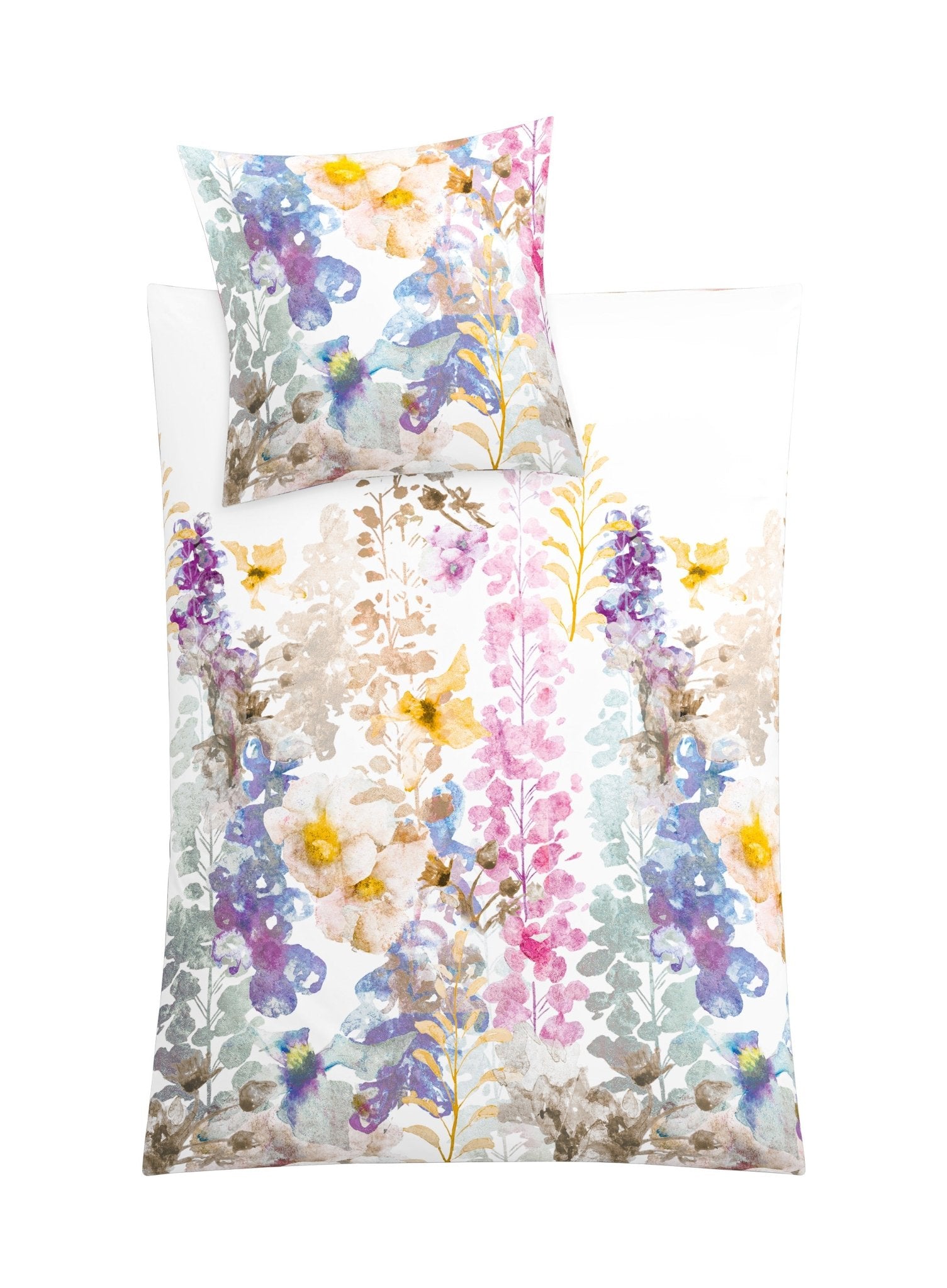 Bettwäsche mit buntem Aquarell-Blumenmuster auf weißem Hintergrund