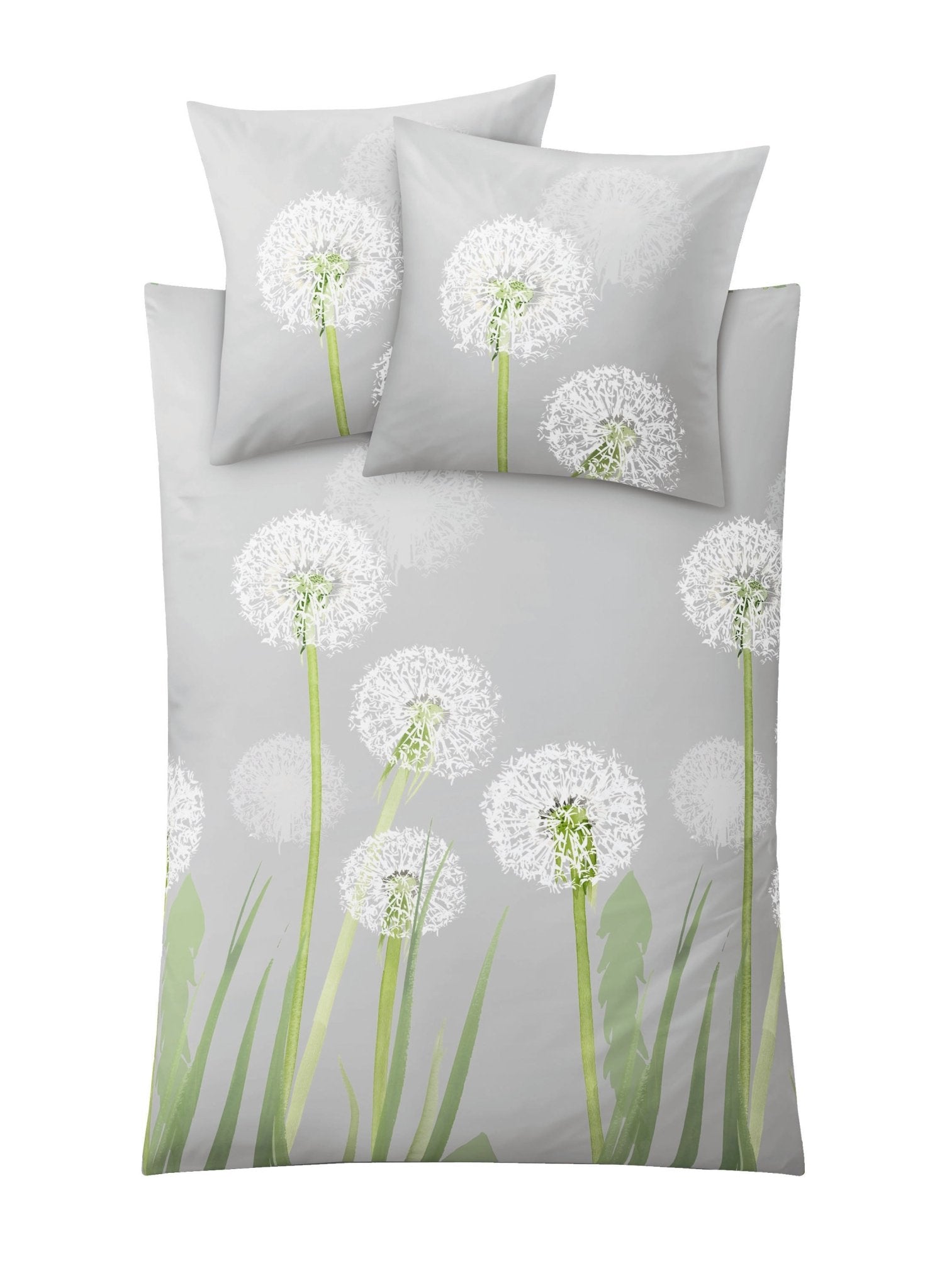 Graue Bettwäsche mit weißen Pusteblumen und grünen Stängeln Motiv