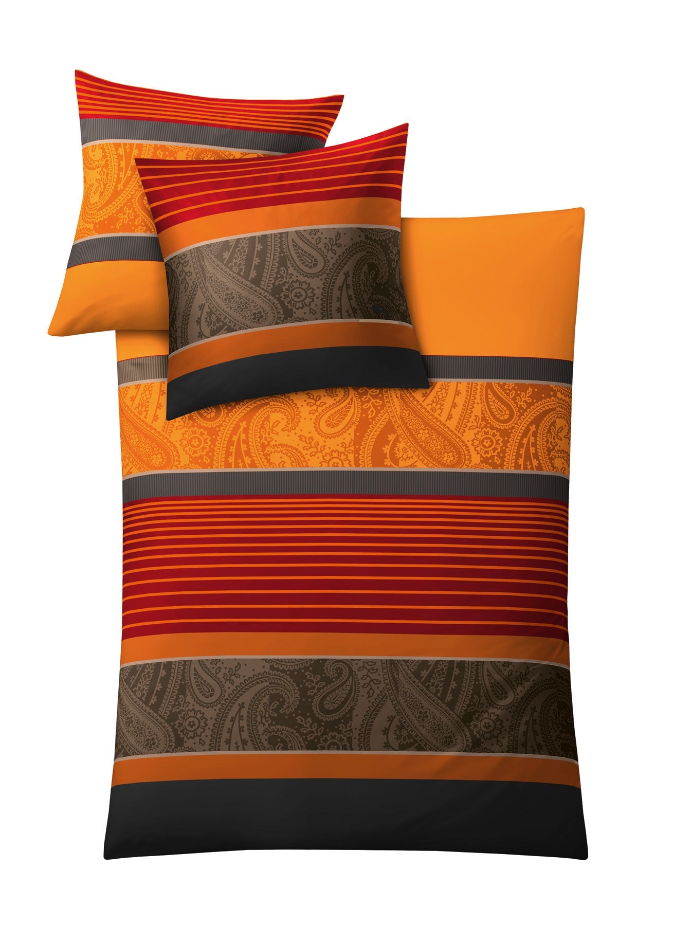 Bettwäsche Satin CAMBRIDGE Chili in Orange und Rot mit Streifen und Paisley, Decken- und Kissenbezug.