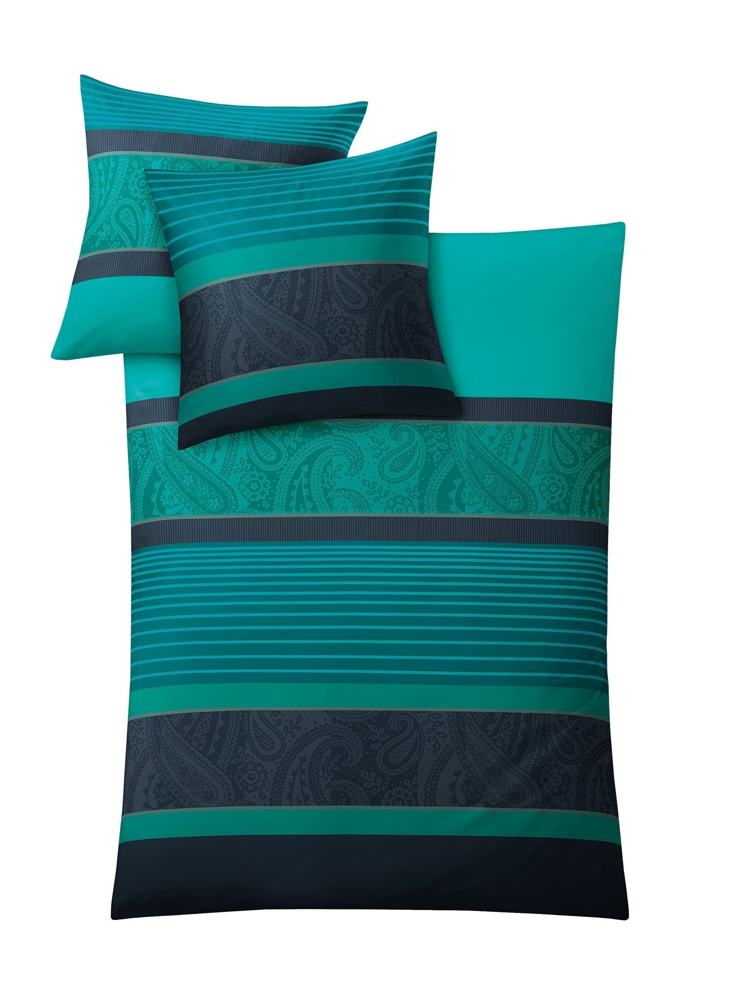 Das Bild zeigt Bettwäsche Satin CAMBRIDGE in Petrol mit Streifen und Paisleymuster 155x220 und 80x80 cm.