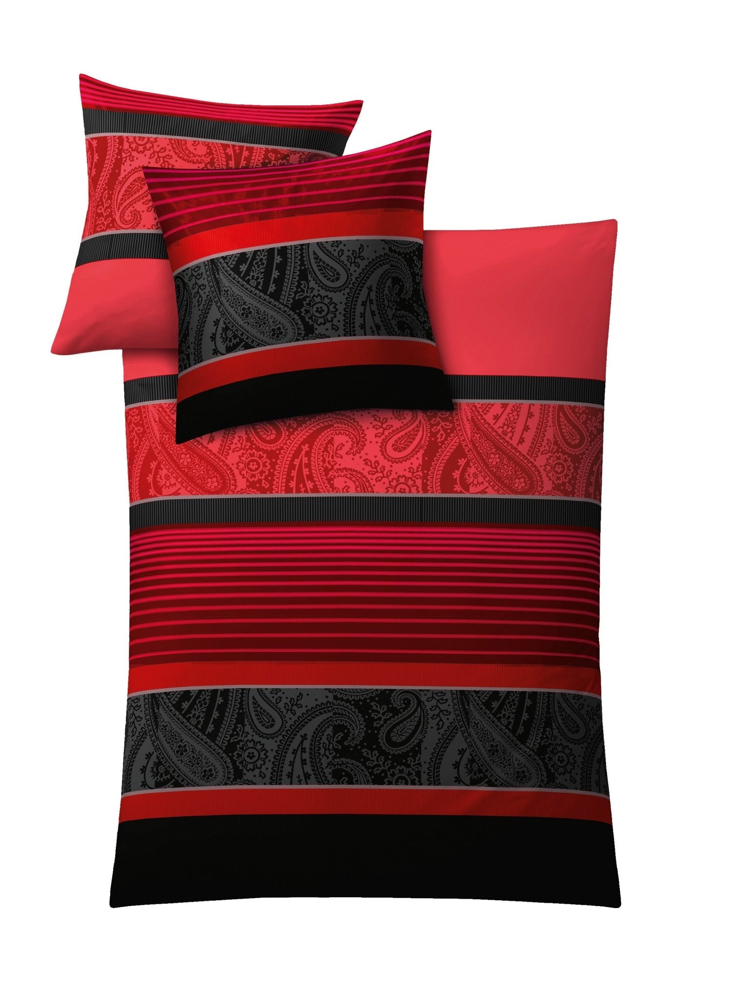 Rot-schwarze Bettwäsche mit Streifen- und Paisleymuster auf Bettdecke