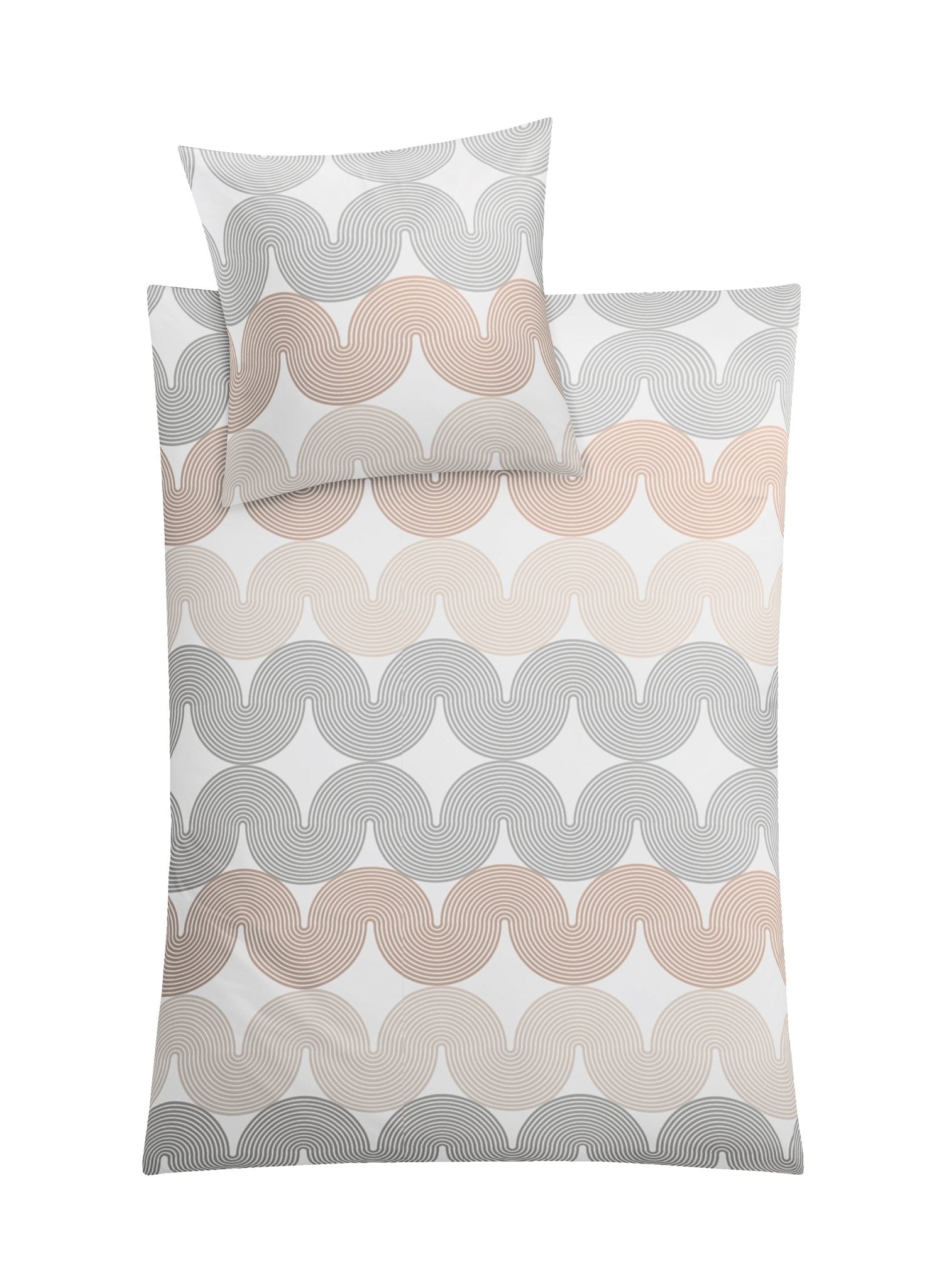 Bettwäsche-Set mit Kissen, Wellenmuster in Beige und Grau auf Weiß