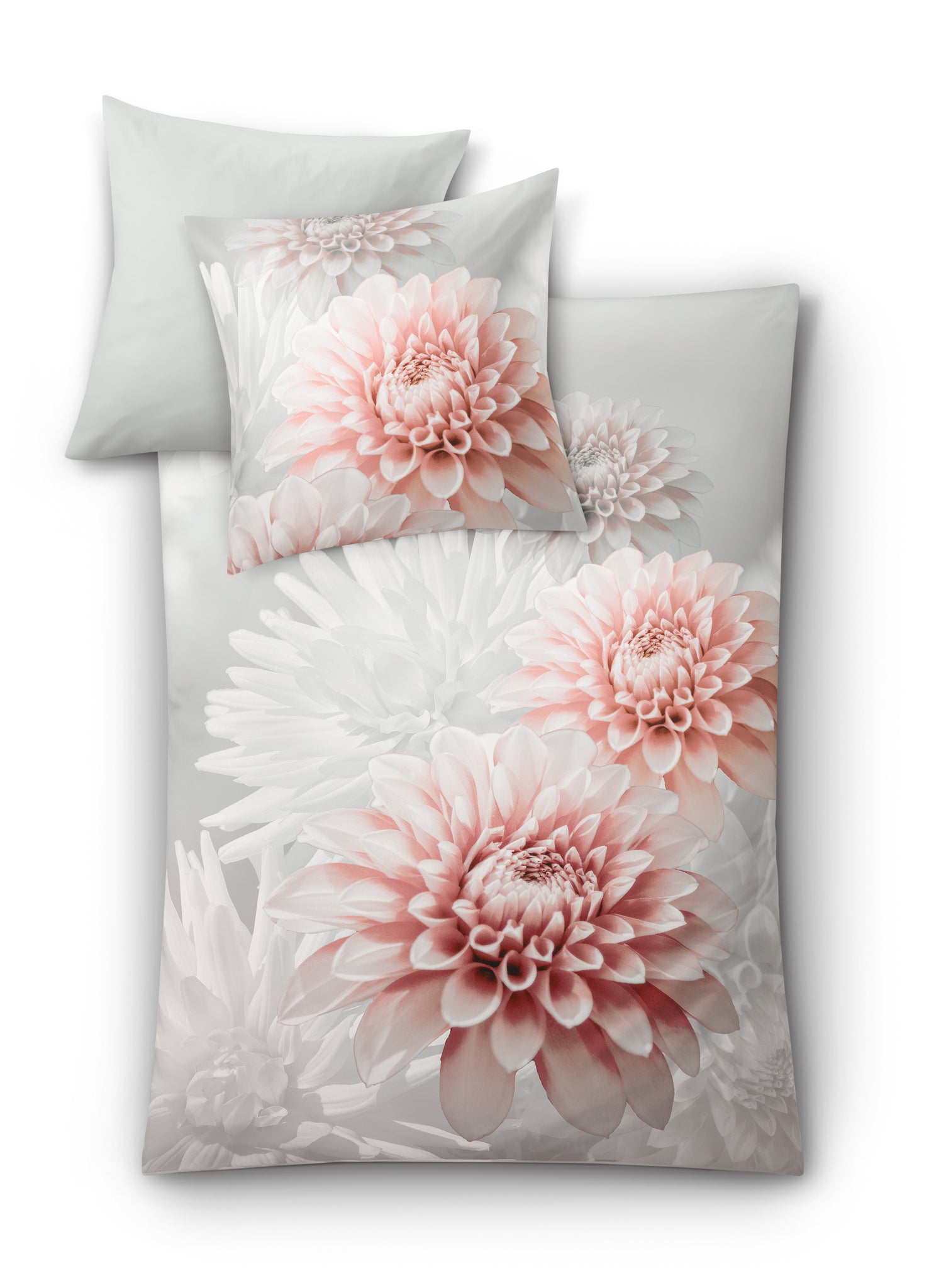 Satin Bettwäsche silbergrau mit rosafarbenen Dahlien, bestehend aus Decken- und Kissenbezug.