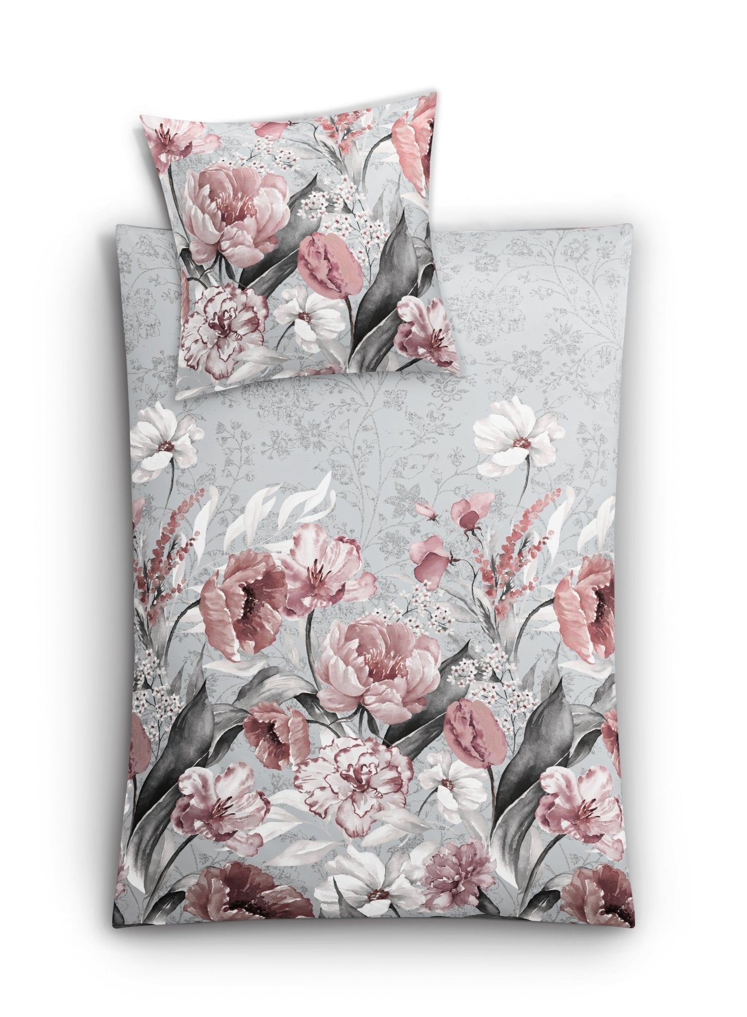 Bettwäsche-Set mit zartem rosa Blumenmuster auf grauem Hintergrund