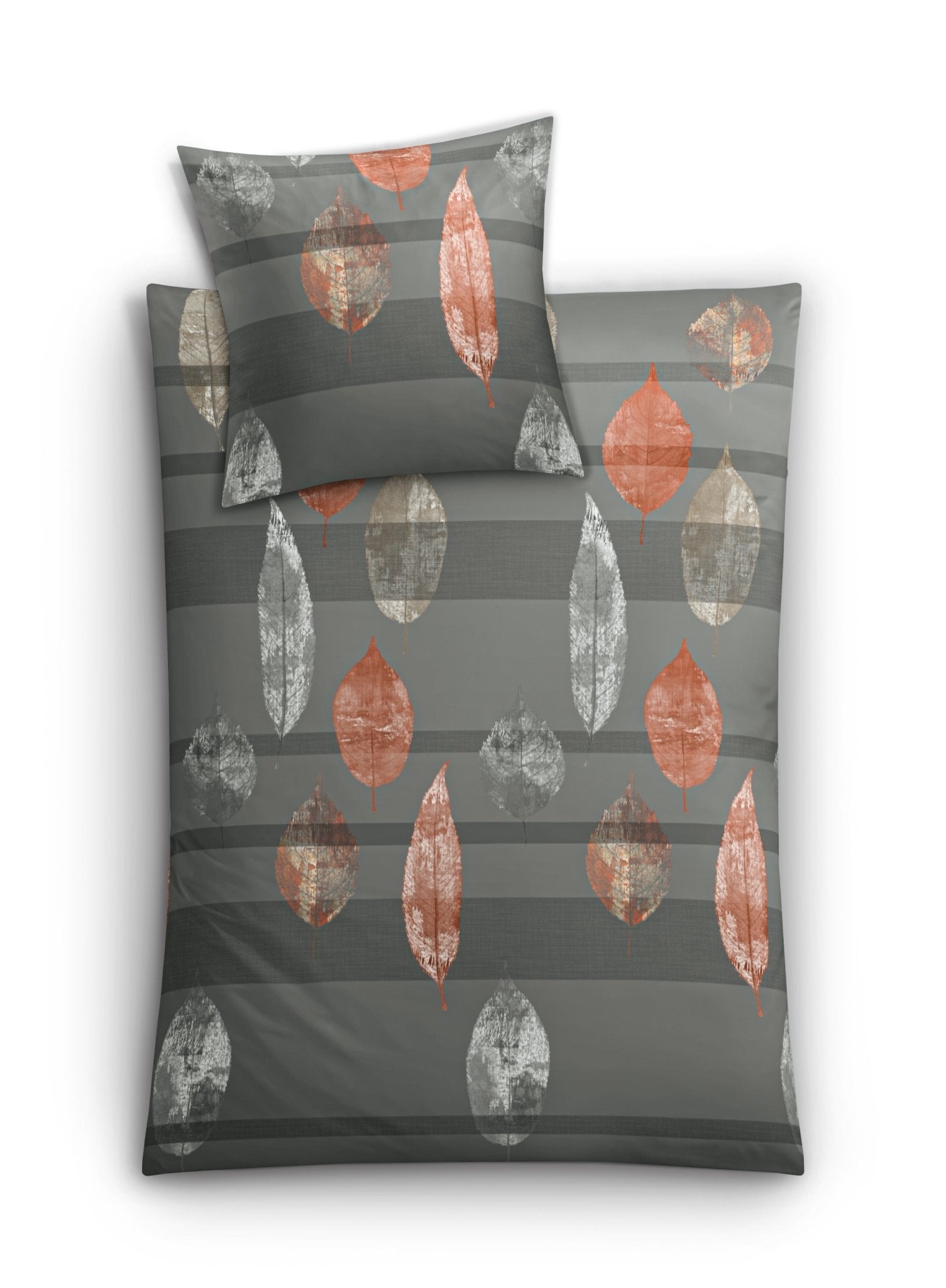 Graue Bettwäsche mit orange und weißen Blättern im Streifenmuster