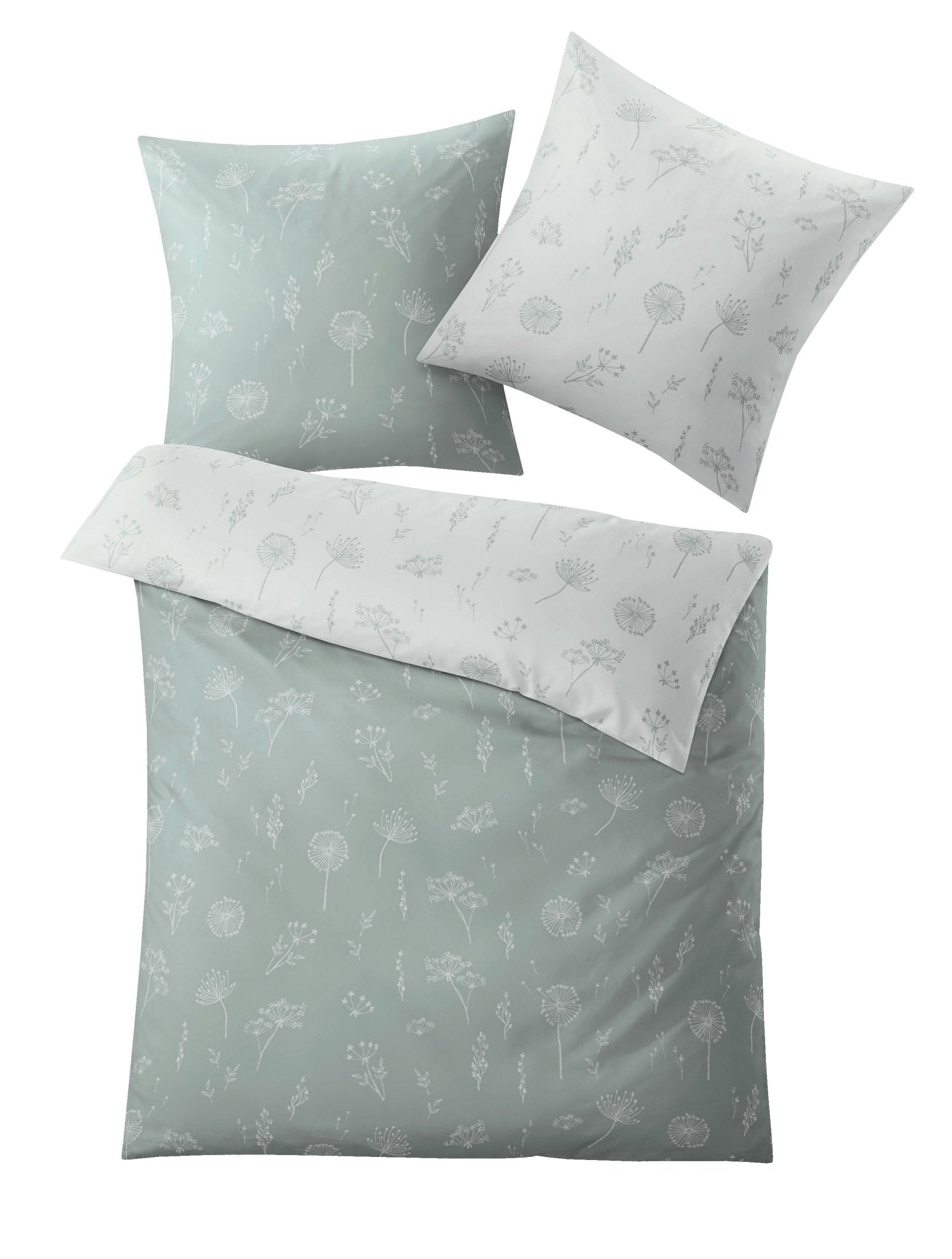 Bettwäsche-Set in Mintgrün mit weißem, filigranem Blumenmuster beidseitig