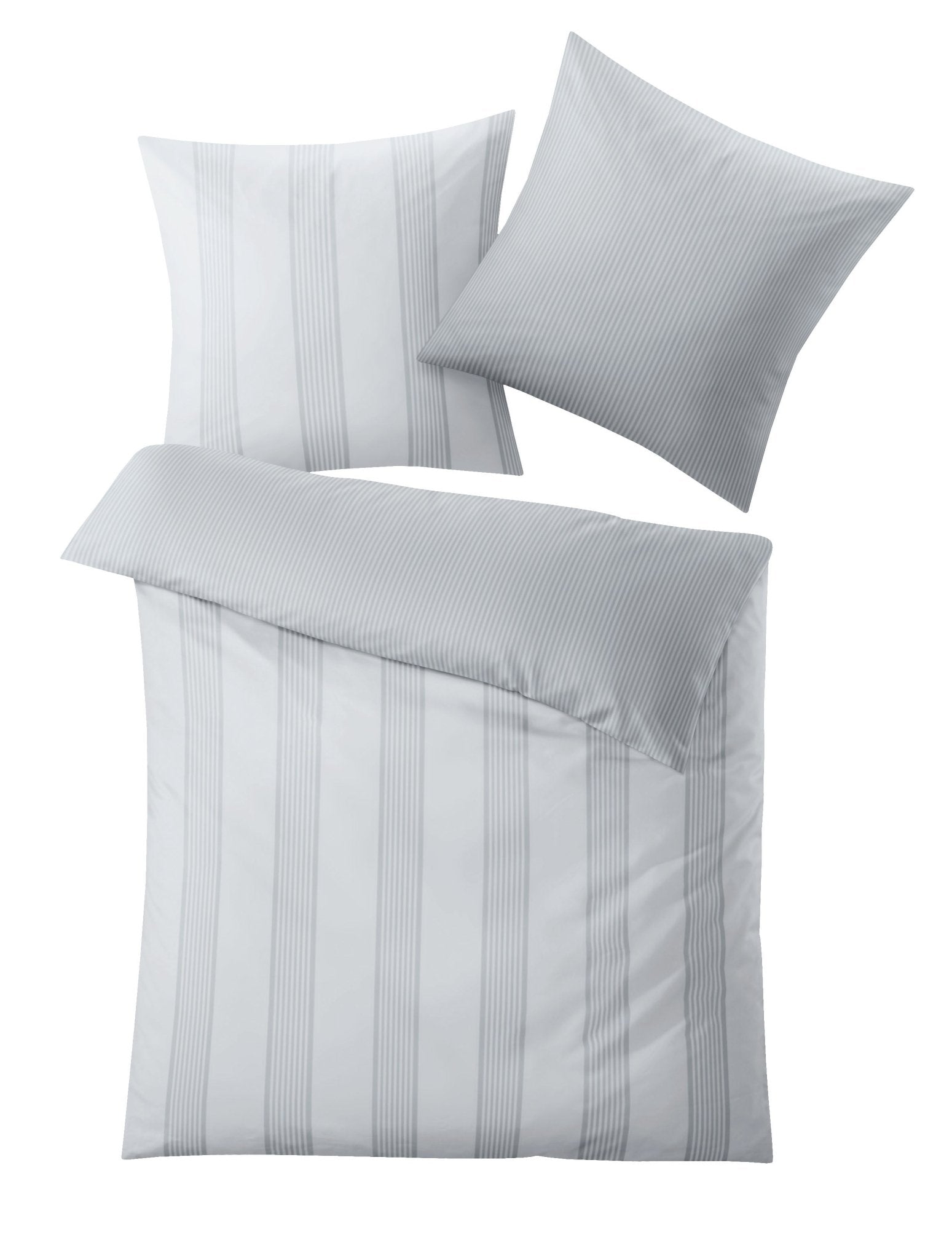 Bettwäsche-Set aus weißem Stoff mit feinen dezenten grauen Längsstreifen