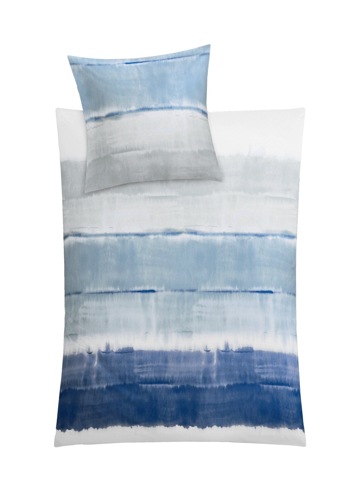 Bettwäsche-Set mit blauen Aquarell-Streifen auf Decke und Kissenbezug