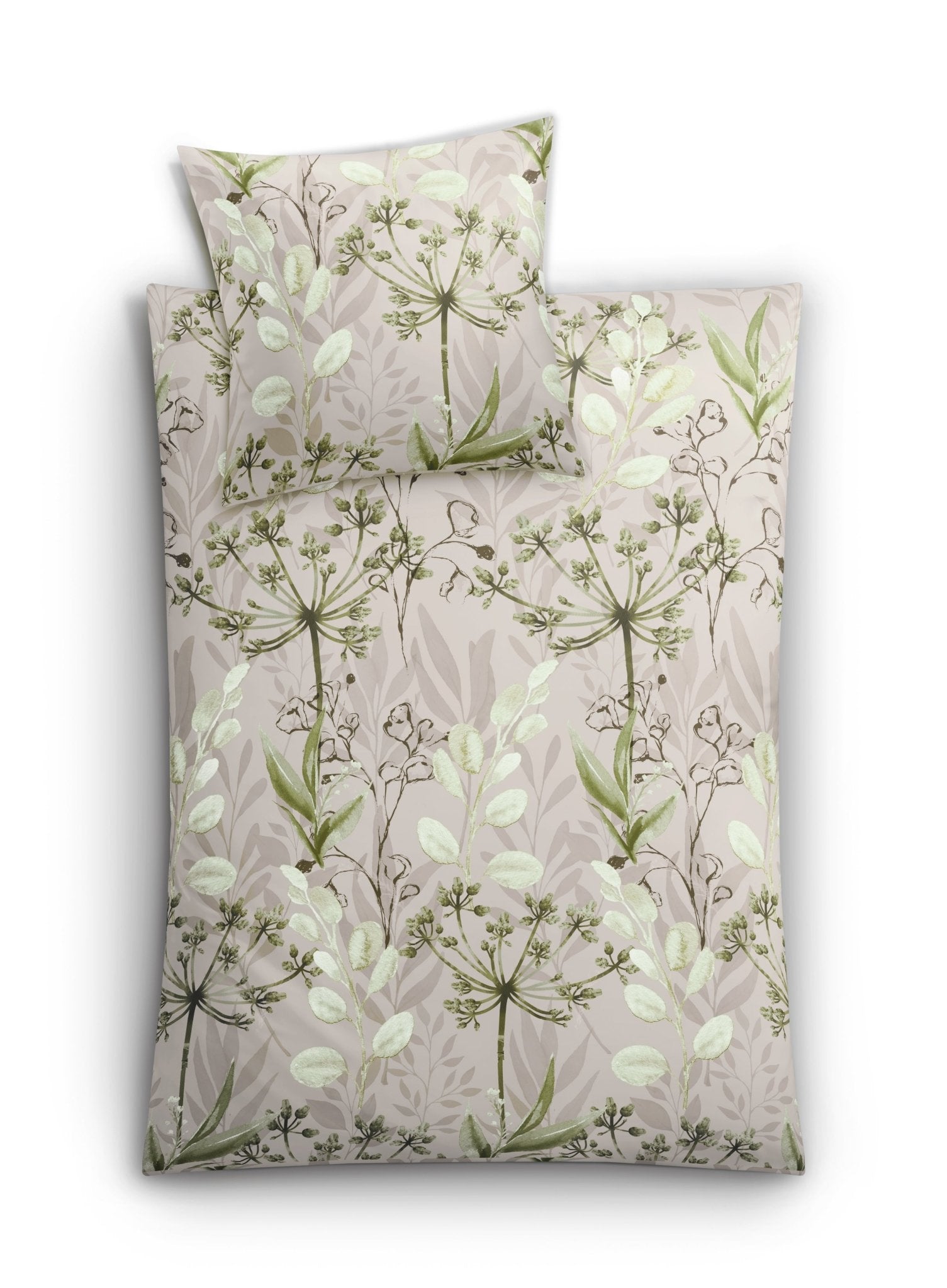 Bettwäsche-Set in Beige mit zartem grünem Blumen- und Blätterdruck