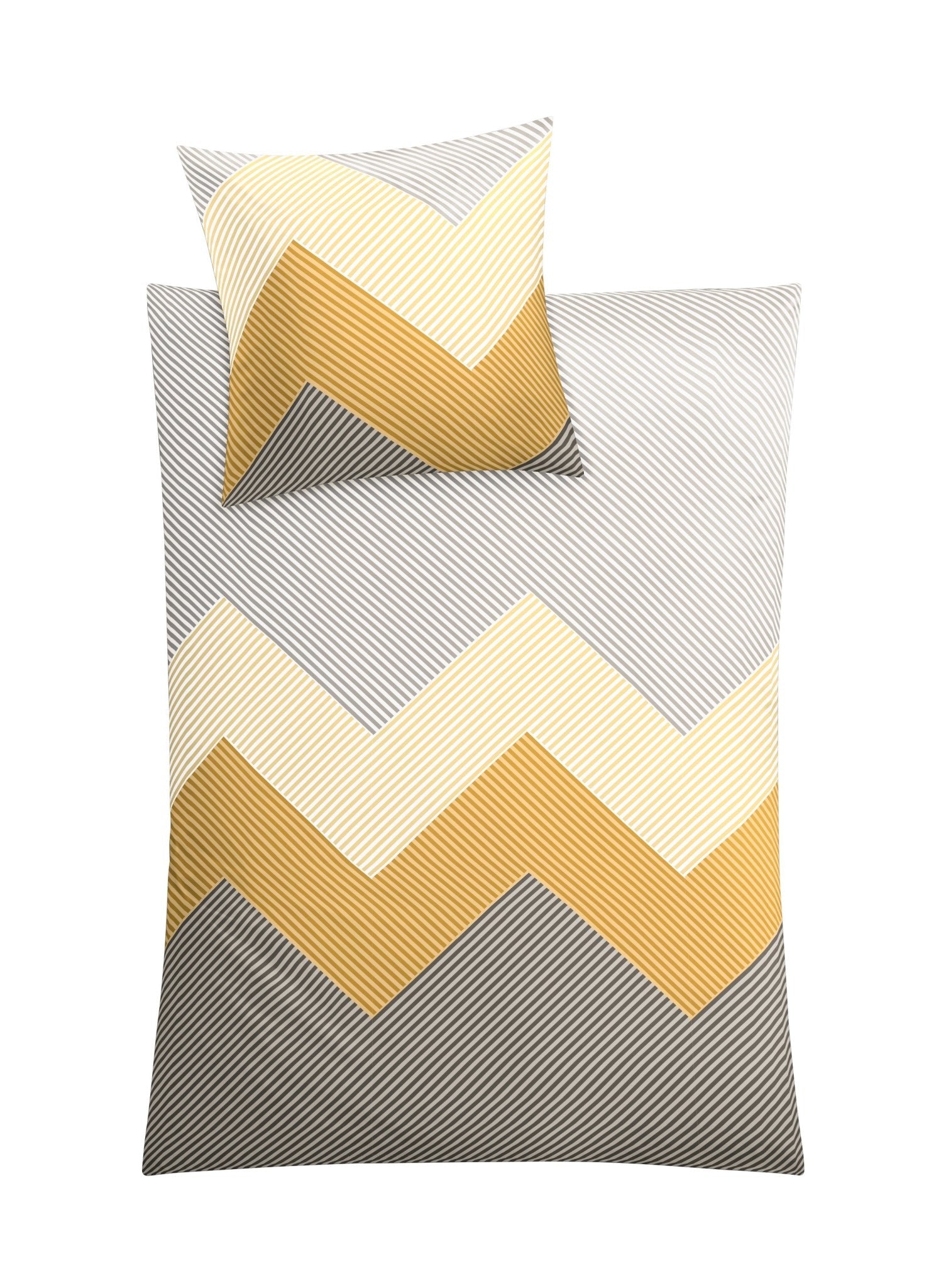 Bettwäsche Satin LYKKE Goldgelb 155x220 und 80x80 cm mit Zickzackmuster liegt glatt ausgebreitet.