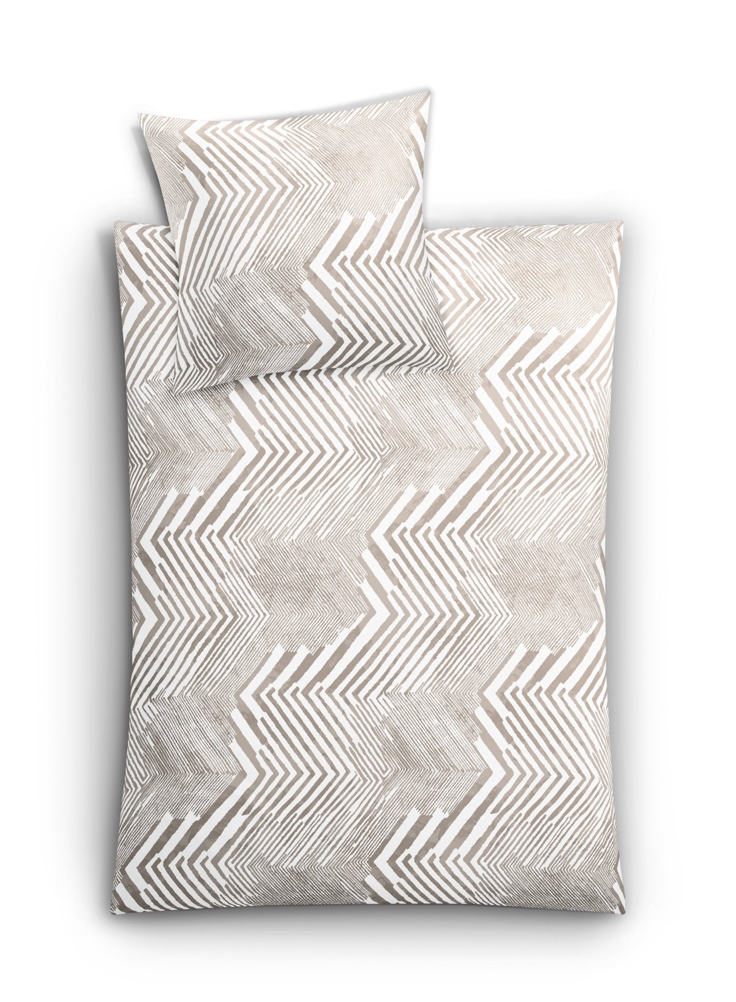 Bettwäsche Satin MACRA Macadamia 155x220 und 80x80 cm mit beigem Zickzackmuster wird gezeigt.