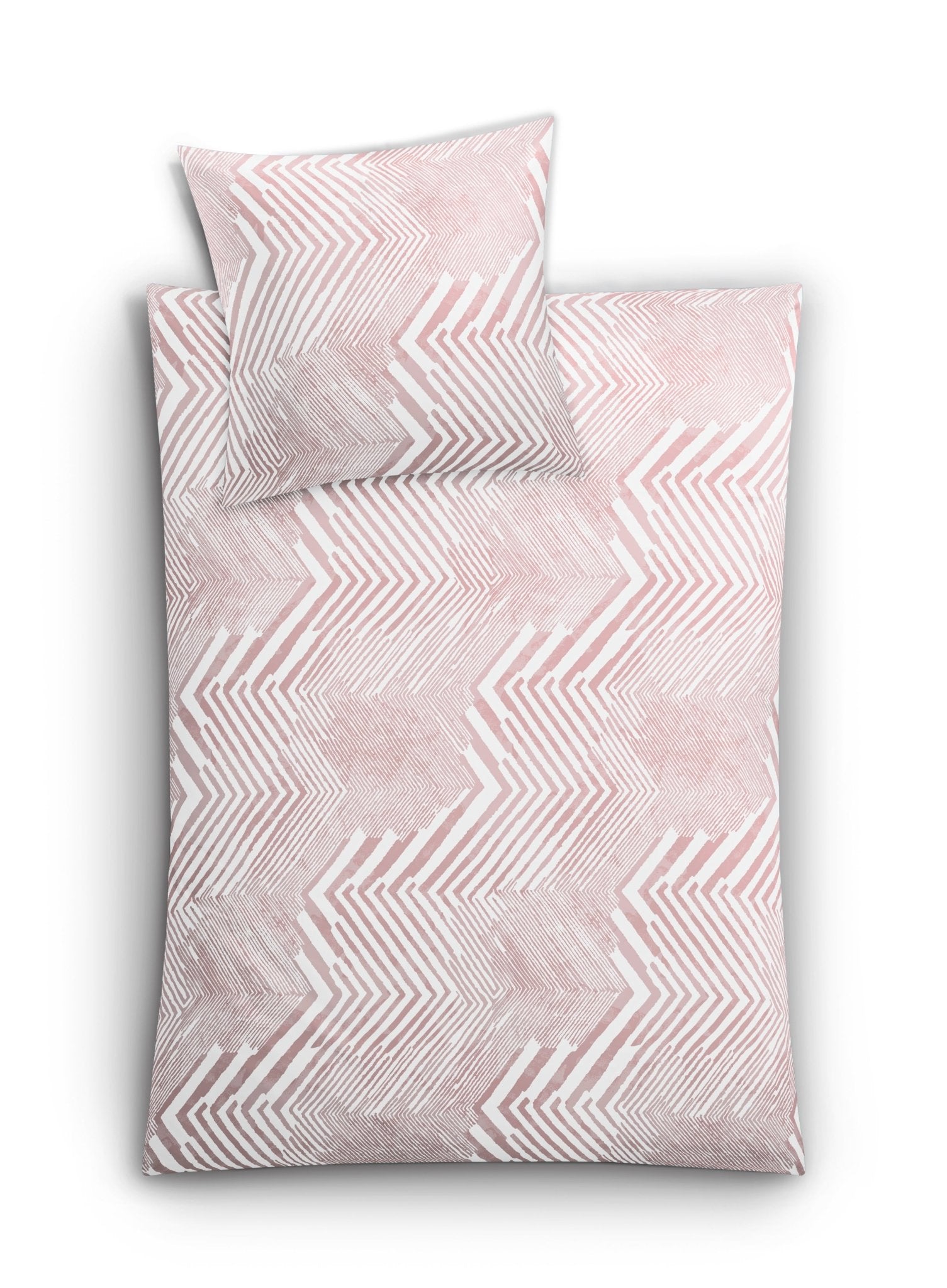 Bettwäsche Satin MACRA in Pastellrose mit grafischem Muster in 135x200 und 80x80 cm ist abgebildet.