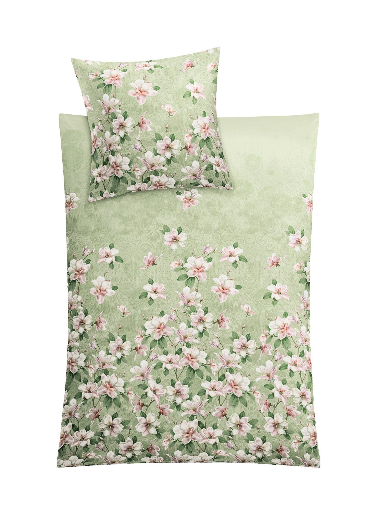 Bettwäsche-Set in hellem Grün mit zartem rosa Blumenmuster allover