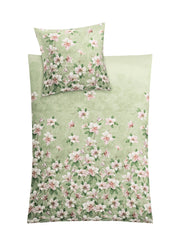 Bettwäsche-Set in zartem Grün mit dichtem Blütenmuster in Rosa und Weiß