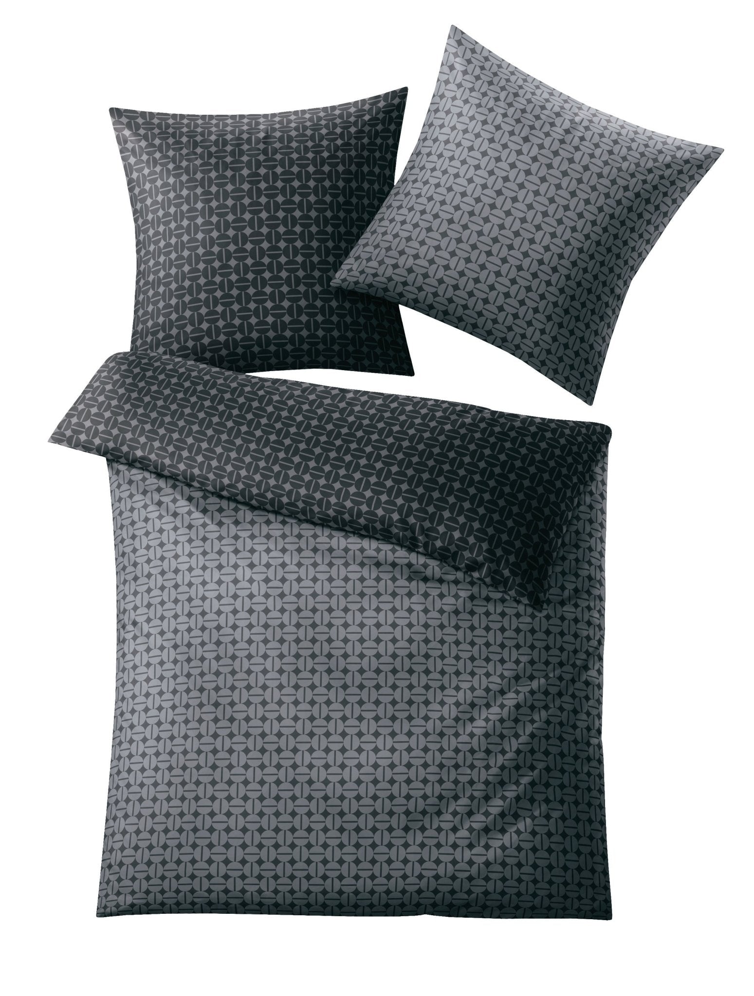 Dunkelgraue Bettwäsche mit grafischem Webmuster, Kissen und Decke