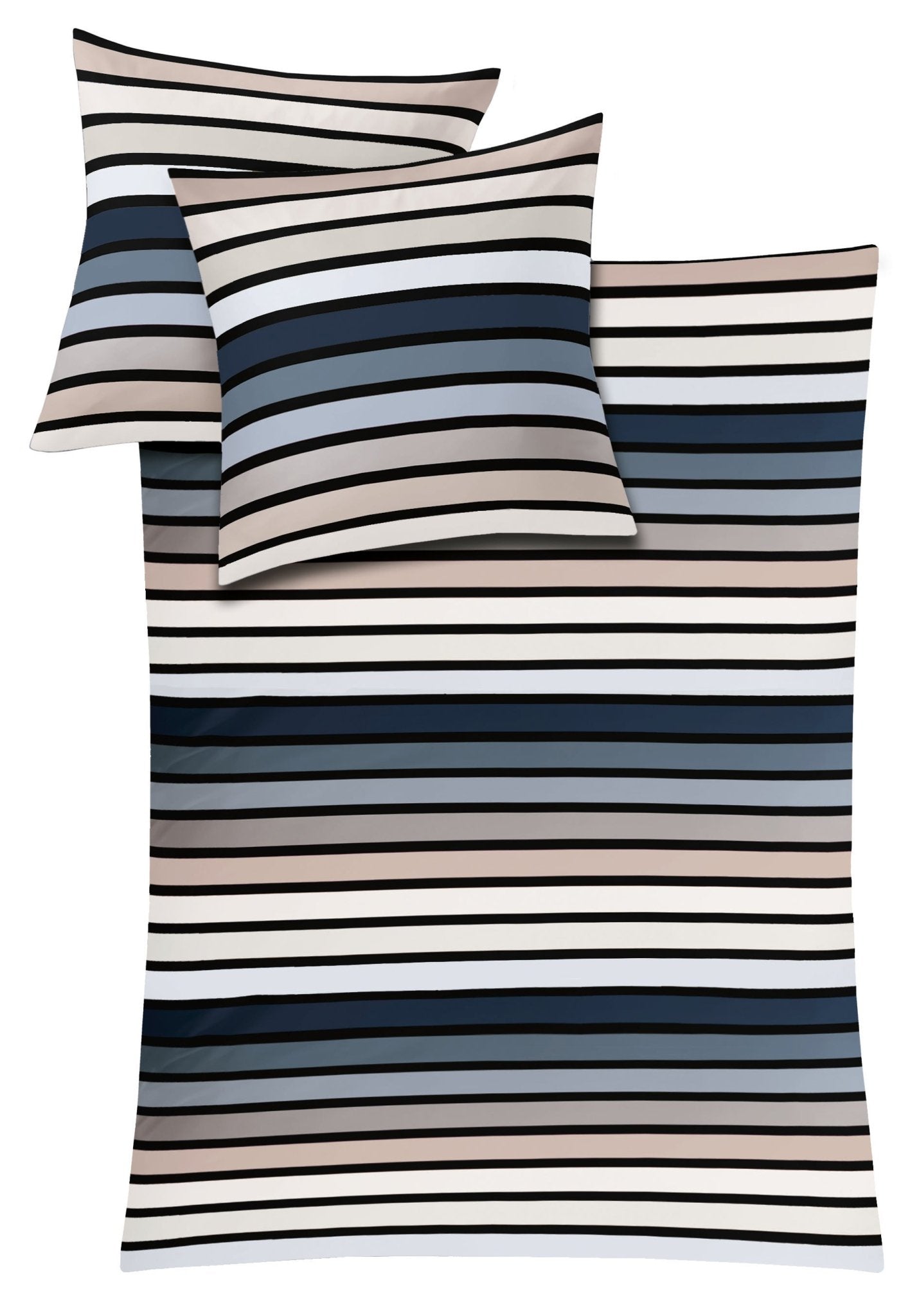 Gestreifte Bettwäsche mit Kissen in Blau, Beige, Weiß und Schwarz