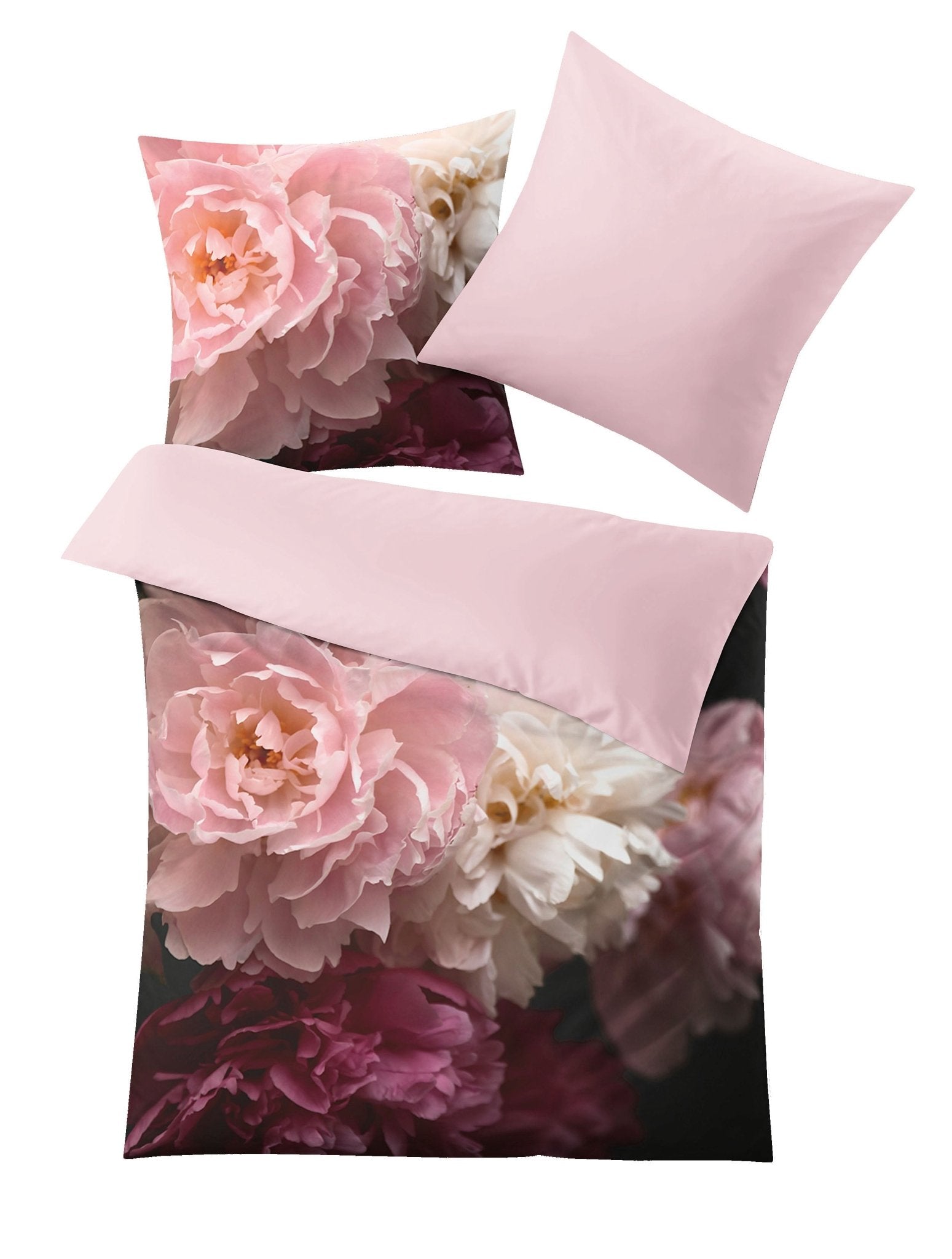 Bettwäsche Satin ROSEMARIE Bordeaux mit Blumenmotiv als Garnitur aus Deckenbezug und Kissenbezug.