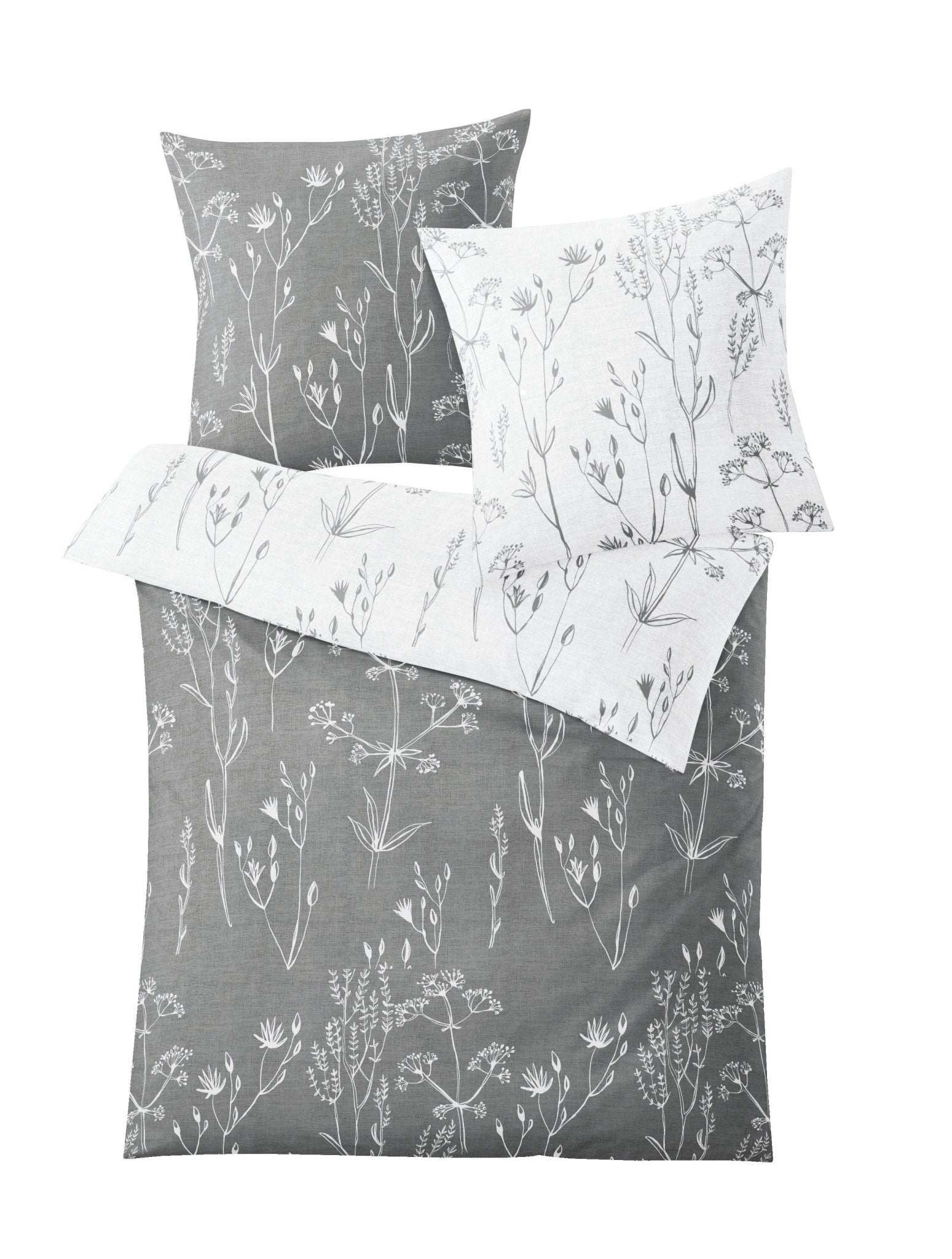 Grau weiße Bettwäsche Satin SAVANNAH mit floralen Mustern in den Größen 155x220 und 80x80 cm.