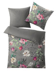 Graue Bettwäsche mit buntem Blumenmuster, Decken- und Kissenbezug
