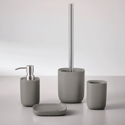 Graues Kleine Wolke Bubble Badaccessoire-Set mit Seifenspender, WC‑Bürste, Seifenschale und Becher.