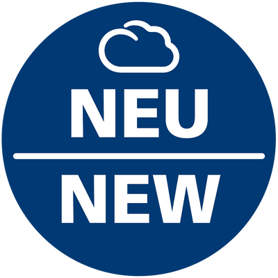 Blauer runder Button mit Wolkensymbol und Text NEU NEW.