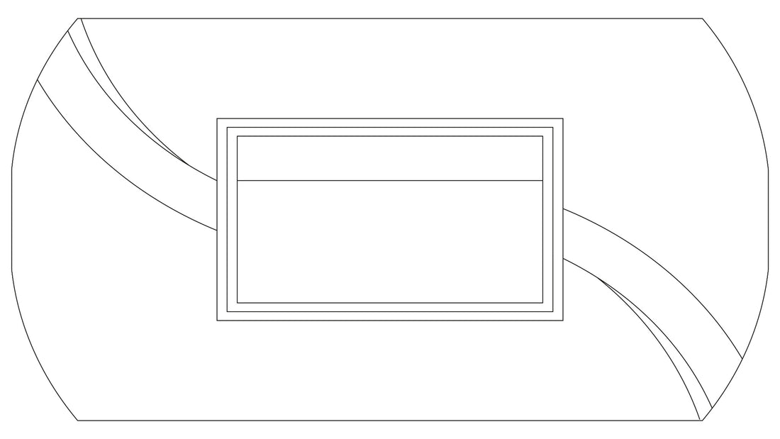 Rechteckiger Badteppich mit modernem, zweigeteiltem Mittelstreifen in stilisierter Badezimmeransicht.