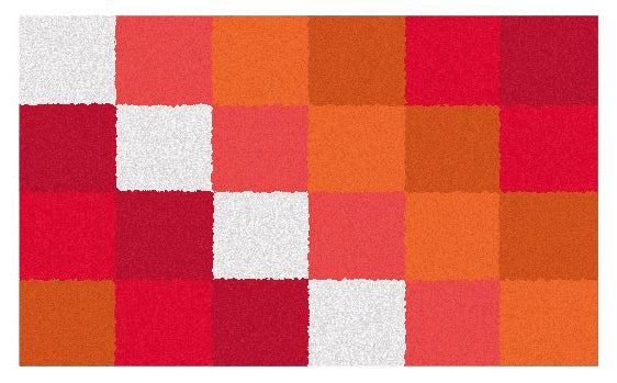 Bunter Kleine Wolke Badteppich mit kariertem Muster in Rot, Orange, Pink und Weiß.