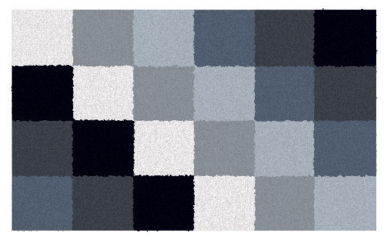 Badteppich Kleine Wolke Cassetta mit kariertem Muster in blauen und grauen Quadraten.