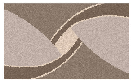 Rechteckiger braun-beiger Badteppich mit abstraktem, geschwungenem Muster liegt flach auf dem Boden.