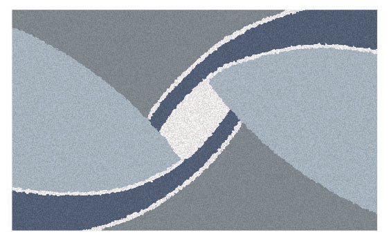 Badteppich mit abstraktem Wellenmuster in Blau, Grau und Weiß.