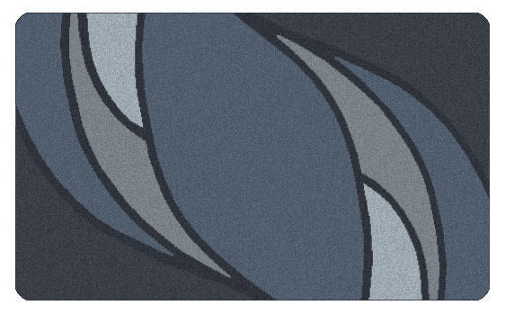 Rechteckiger Badteppich mit abstrakten, überlappenden Bögen in Blau- und Grautönen.