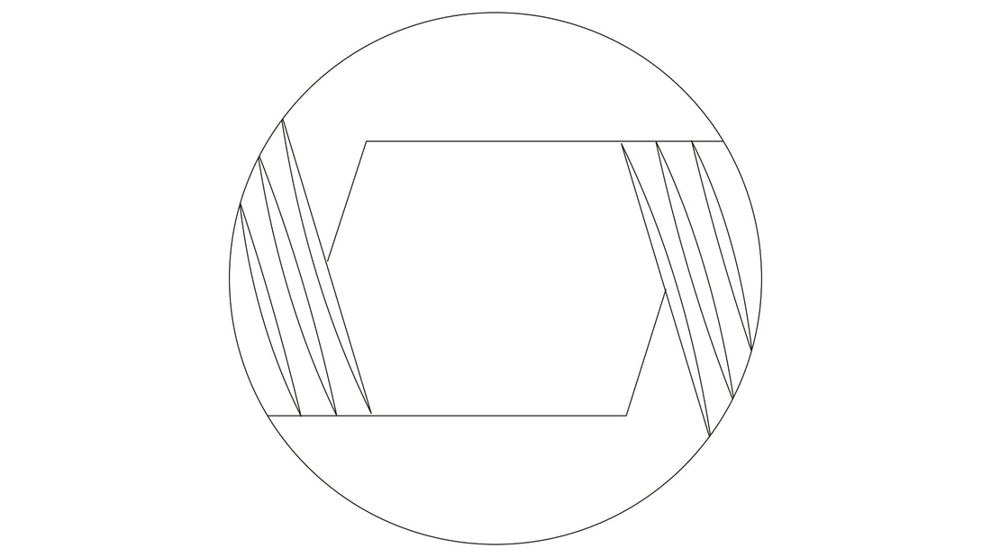 Grafische Darstellung mit Kreis, Hexagon und diagonalen Linien auf weißem Hintergrund.