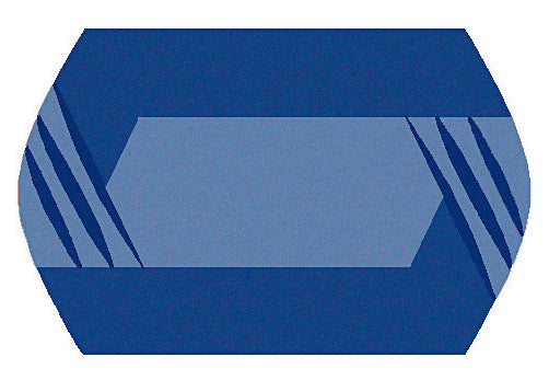 Blauer Badteppich mit geometrischem Streifenmuster liegt auf hellem Untergrund.