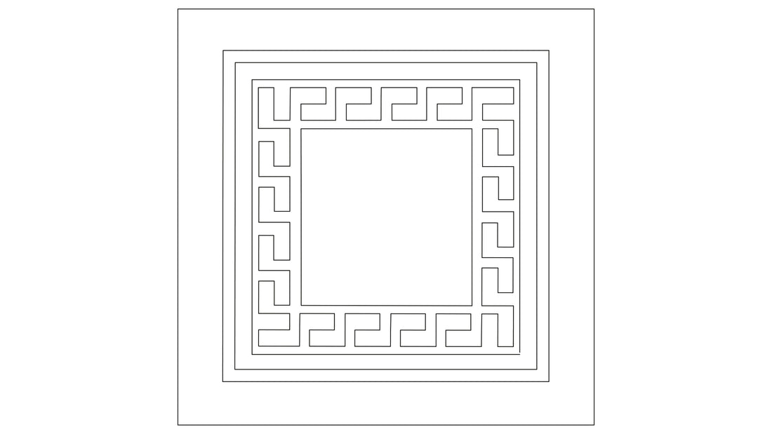 Quadratischer Badteppich Kleine Wolke Meandro 120x120 cm mit umlaufendem, grafischem Rahmenmuster.