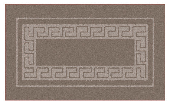 Rechteckiger brauner Kleine Wolke Badteppich Meandro mit hellem Mäander Muster wird von oben gezeigt.