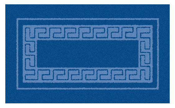 Kleine Wolke Creativo Badteppich Meandro in Blau mit grafischem Rahmenmuster ist vollständig zu sehen.