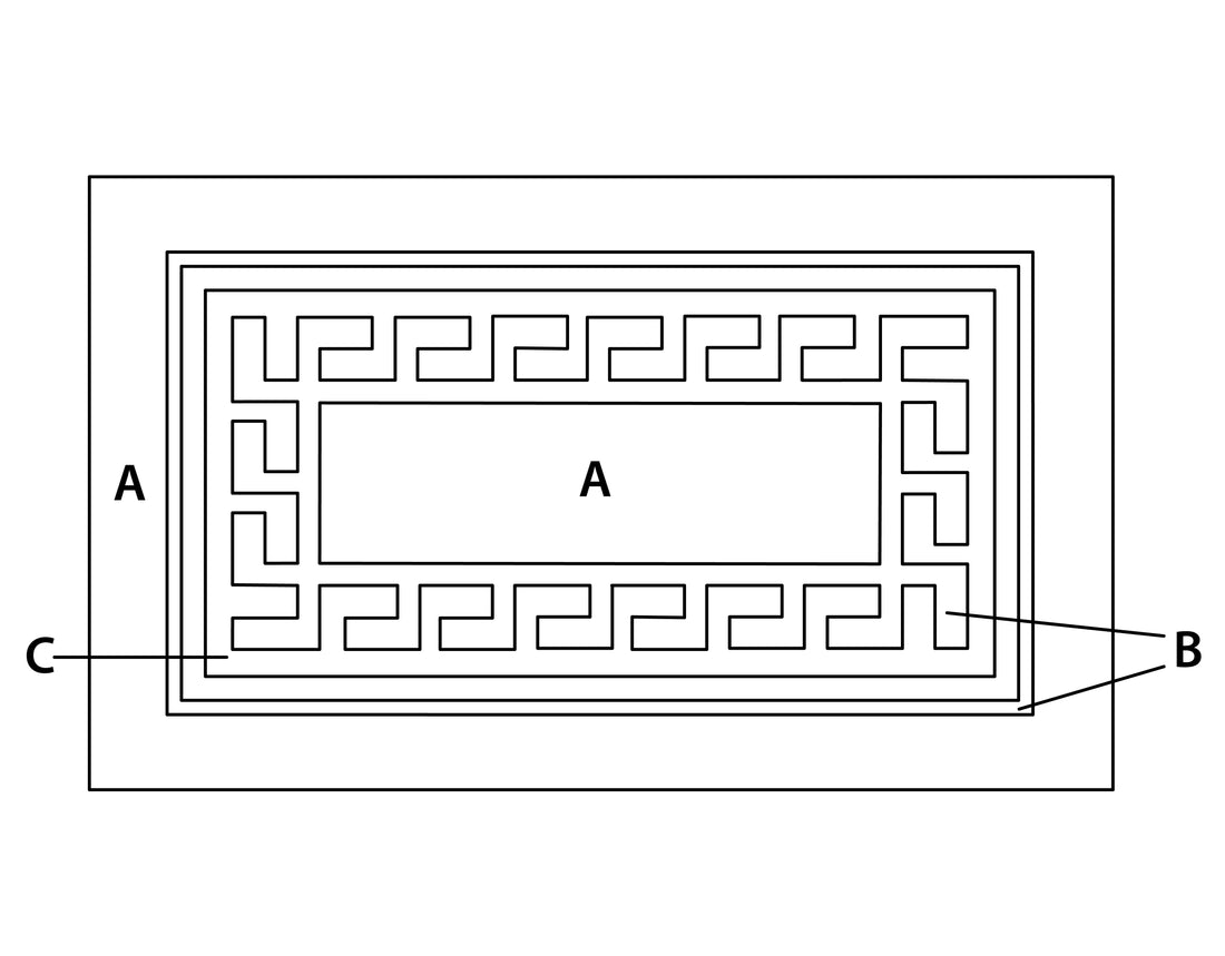 Bild zeigt Badteppich Kleine Wolke Meandro mit rechteckigem Feld und Mäander-Rand.