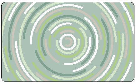 Rechteckiger Badteppich mit konzentrischen Streifen in Grün, Grau und Weiß auf pastellfarbenem Grund.