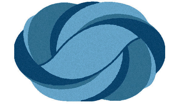 Ovaler blauer Badteppich mit verschlungenem Wellenmuster in verschiedenen Blautönen.