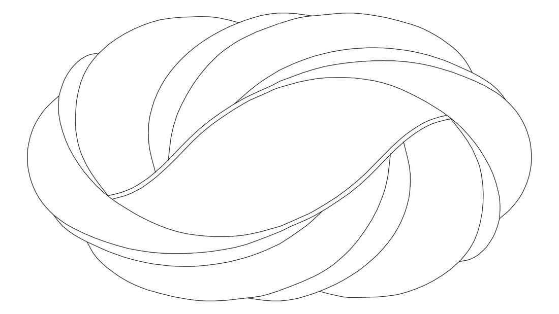Eine runde Knotengrafik mit verschlungenen Linien in schwarz-weiß ist abgebildet.