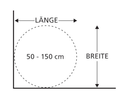 Skizze zeigt mögliche runde Maße des Kleine Wolke Creativo Badteppichs von 50 bis 150 cm.