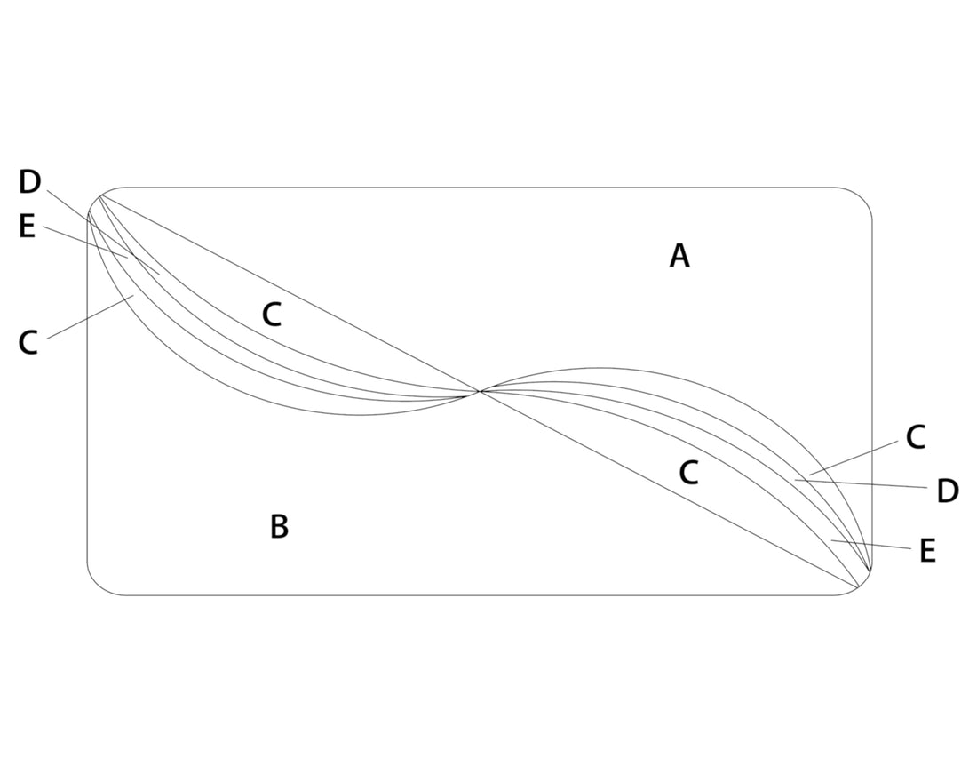 Schematische Zeichnung eines Badteppichs mit geschwungenen Formen.