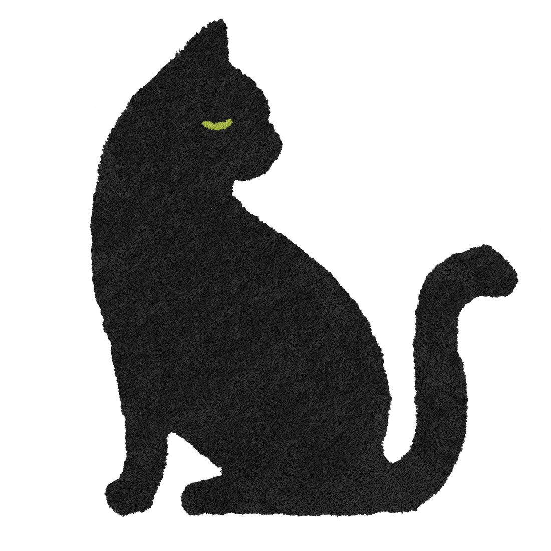 Schwarze, katzenförmige Badematte mit grüner Augenpartie in seitlicher Ansicht ist abgebildet.
