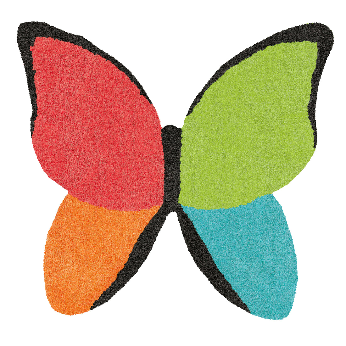 Bunter Schmetterling-Teppich von Kleine Wolke in Rot, Grün, Orange und Blau.